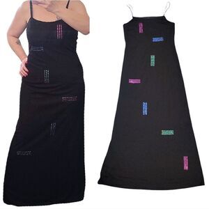 VTG 90s Rimini Black Colorful Sequins Sleeveless Maxi Slip Prom Dress Size 12